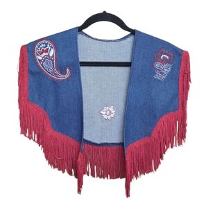 Vintage Denim Vest Fringe Embroidery Boho